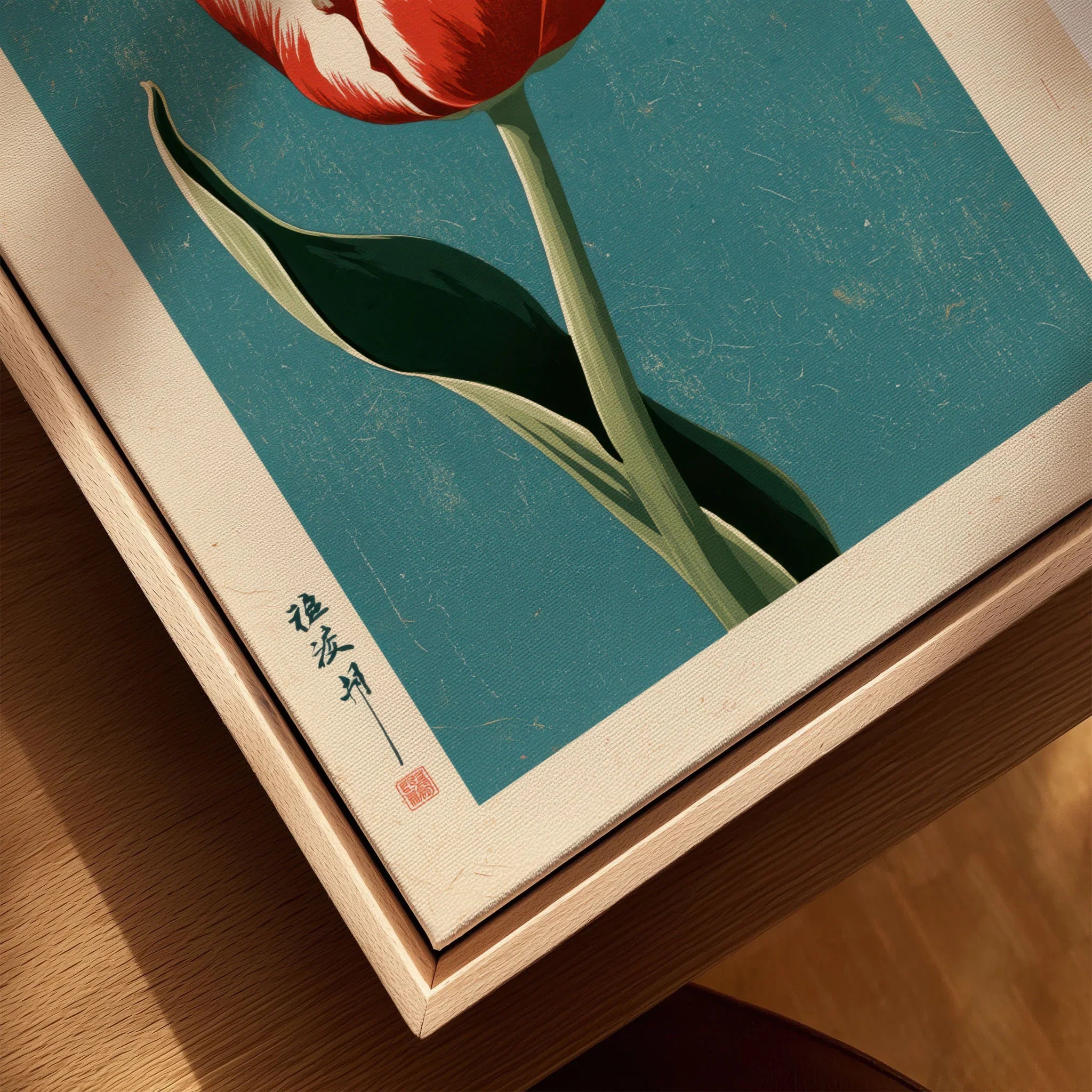 Striped Tulip Art Print – Blue Japanese Botanical Wall Art — closeup framed canvas natural wood floating frame