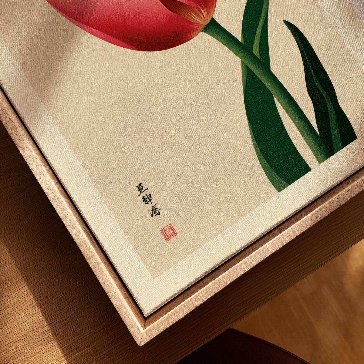 Pink Tulip Art Print – Japanese Botanical Wall Art — closeup framed canvas natural wood floating frame