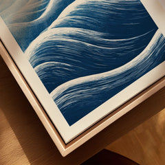 Ocean Wave Art Print – Blue Japanese Woodblock Wall Art — closeup framed canvas natural wood floating frame
