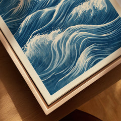 Japanese Waves Wall Art – Vintage Blue Ocean Print — closeup framed canvas natural wood floating frame