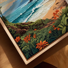 Kauai Print canvas print close-up showing the natural wood float frame edge and canvas texture