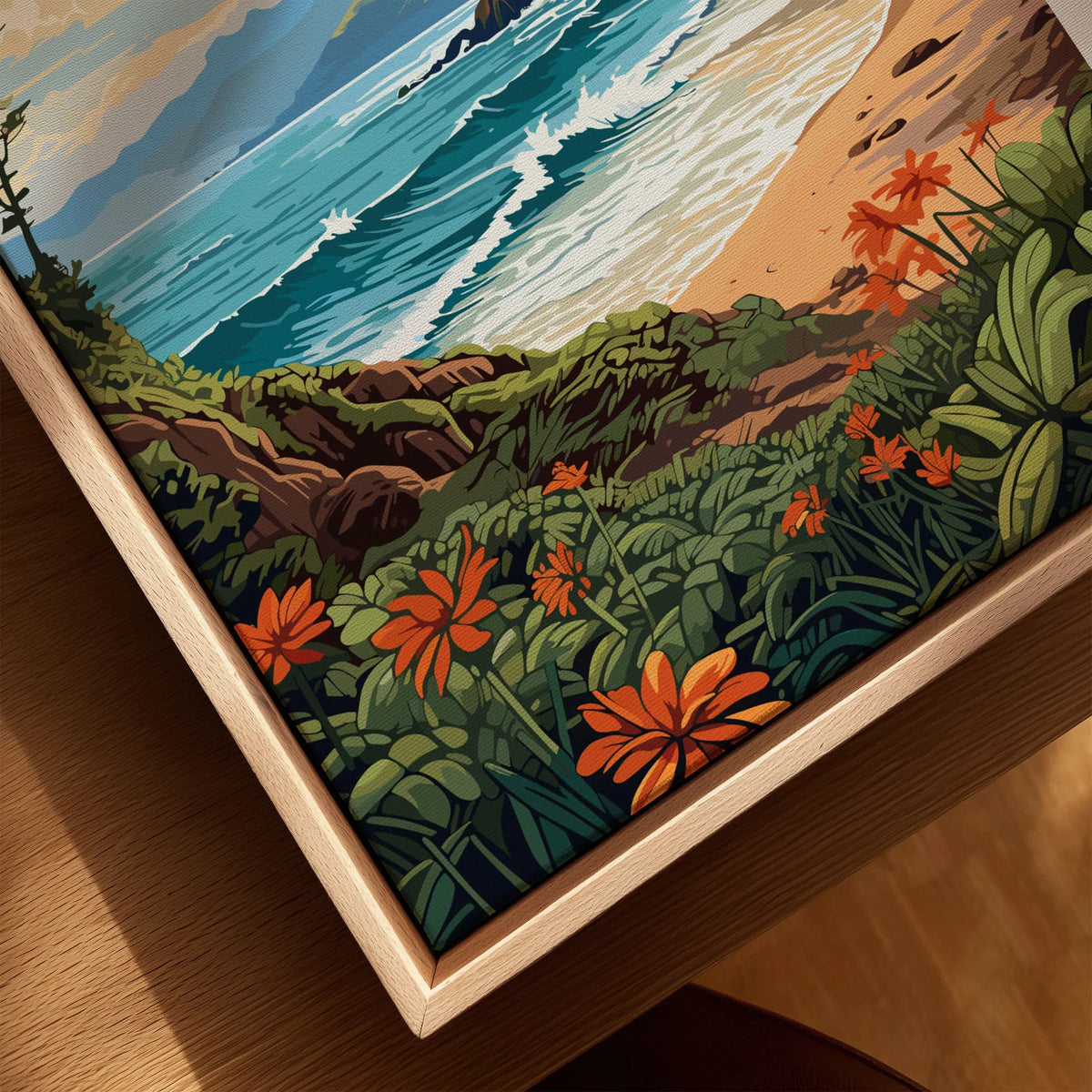 Kauai Print canvas print close-up showing the natural wood float frame edge and canvas texture