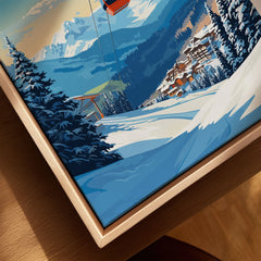 Kitzbuhel Art Print canvas print close-up showing the natural wood float frame edge and canvas texture