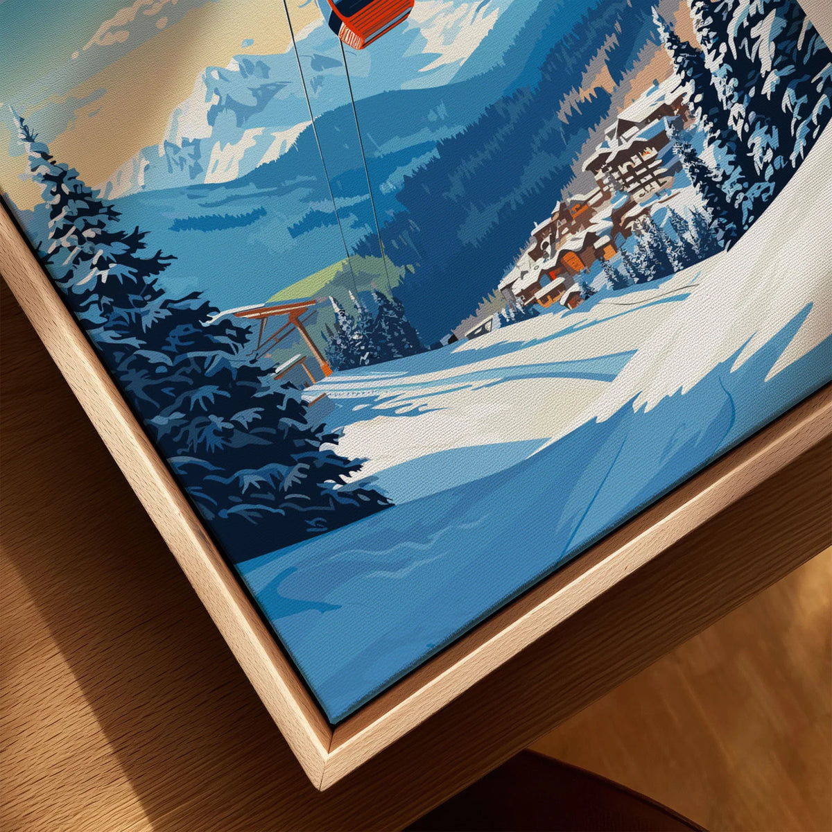 Kitzbuhel Art Print canvas print close-up showing the natural wood float frame edge and canvas texture
