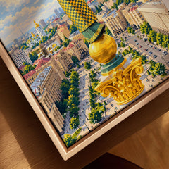 Kyiv Ukraine Independence Monument Travel Poster — the Independence Monument rising above Maidan Nezalezhnosti and the Kyiv skyline, shown as closeup framed canvas natural wood floating frame