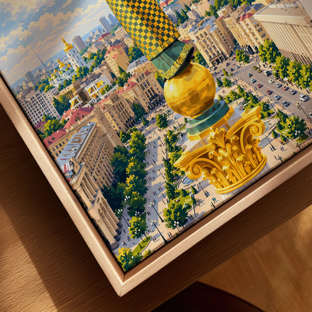 Kyiv Ukraine Independence Monument Travel Poster — the Independence Monument rising above Maidan Nezalezhnosti and the Kyiv skyline, shown as closeup framed canvas natural wood floating frame