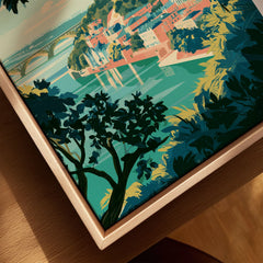 Kyiv Ukraine Golden Domes Travel Poster — golden domes on a wooded bluff above the Dnipro river, shown as closeup framed canvas natural wood floating frame