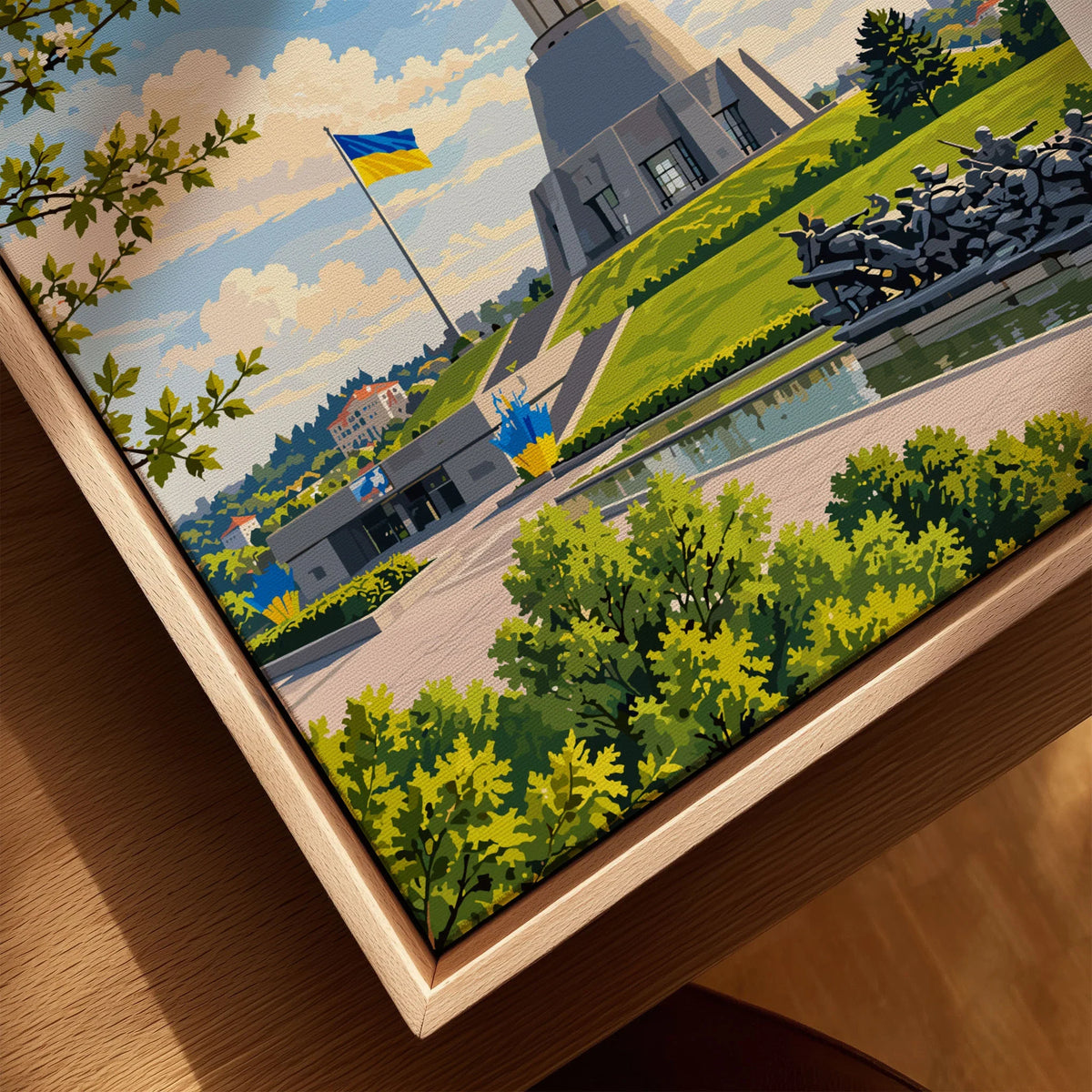 Kyiv Ukraine Motherland Monument Travel Poster — the Motherland Monument under spring blossom with the Ukrainian flag flying, shown as closeup framed canvas natural wood floating frame