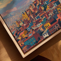 La Paz Bolivia Andes Mountain City Print - Travel Poster canvas print close-up showing the natural wood float frame edge and canvas texture