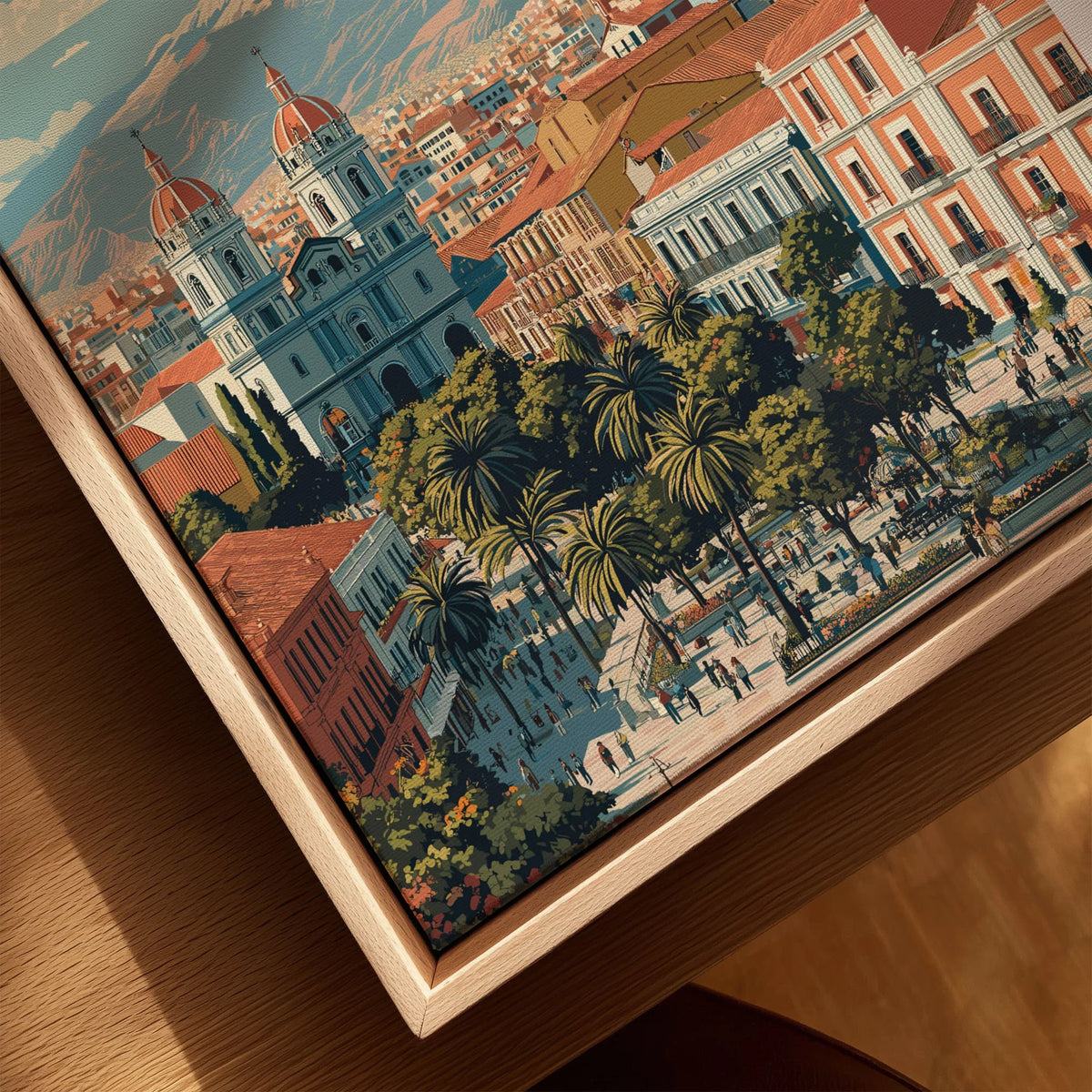 La Paz Travel Print - Bolivia Wall Art canvas print close-up showing the natural wood float frame edge and canvas texture