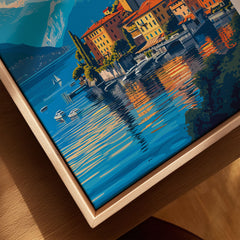 Lake Maggiore Print canvas print close-up showing the natural wood float frame edge and canvas texture
