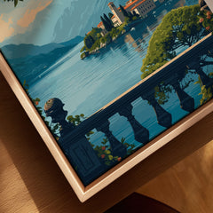 Lake Maggiore Travel Poster canvas print close-up showing the natural wood float frame edge and canvas texture