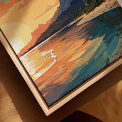 Le Morne Mauritius Poster canvas print close-up showing the natural wood float frame edge and canvas texture