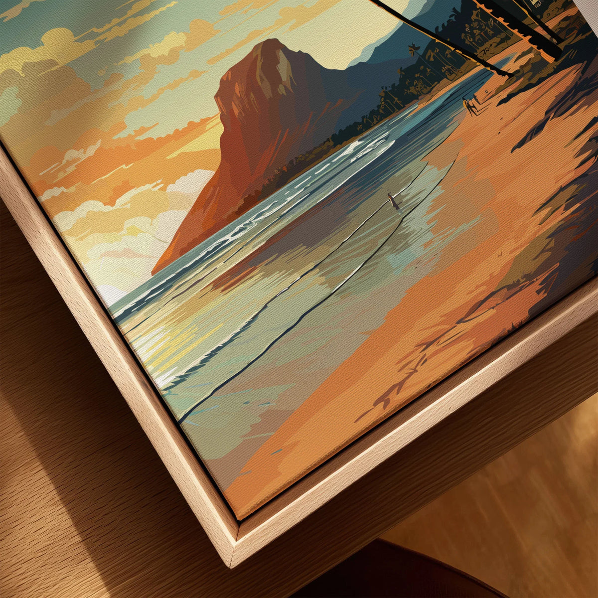 Mauritius Le Morne Poster canvas print close-up showing the natural wood float frame edge and canvas texture