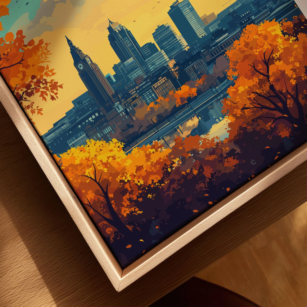 Leeds Wall Art Print - United Kingdom Travel Poster canvas print close-up showing the natural wood float frame edge and canvas texture