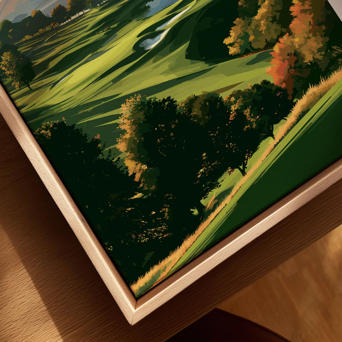 Loch Lomond Scotland Autumn Lochside Travel Poster — autumn slopes rolling down to Loch Lomond with Highland hills beyond, shown as closeup framed canvas natural wood floating frame