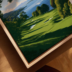 Loch Lomond Scotland Summer Shore Travel Poster — a sunlit grassy shoreline running down to Loch Lomond under old oaks, shown as closeup framed canvas natural wood floating frame