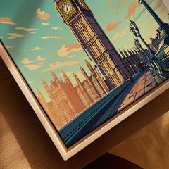 London Poster Big Ben canvas print close-up showing the natural wood float frame edge and canvas texture