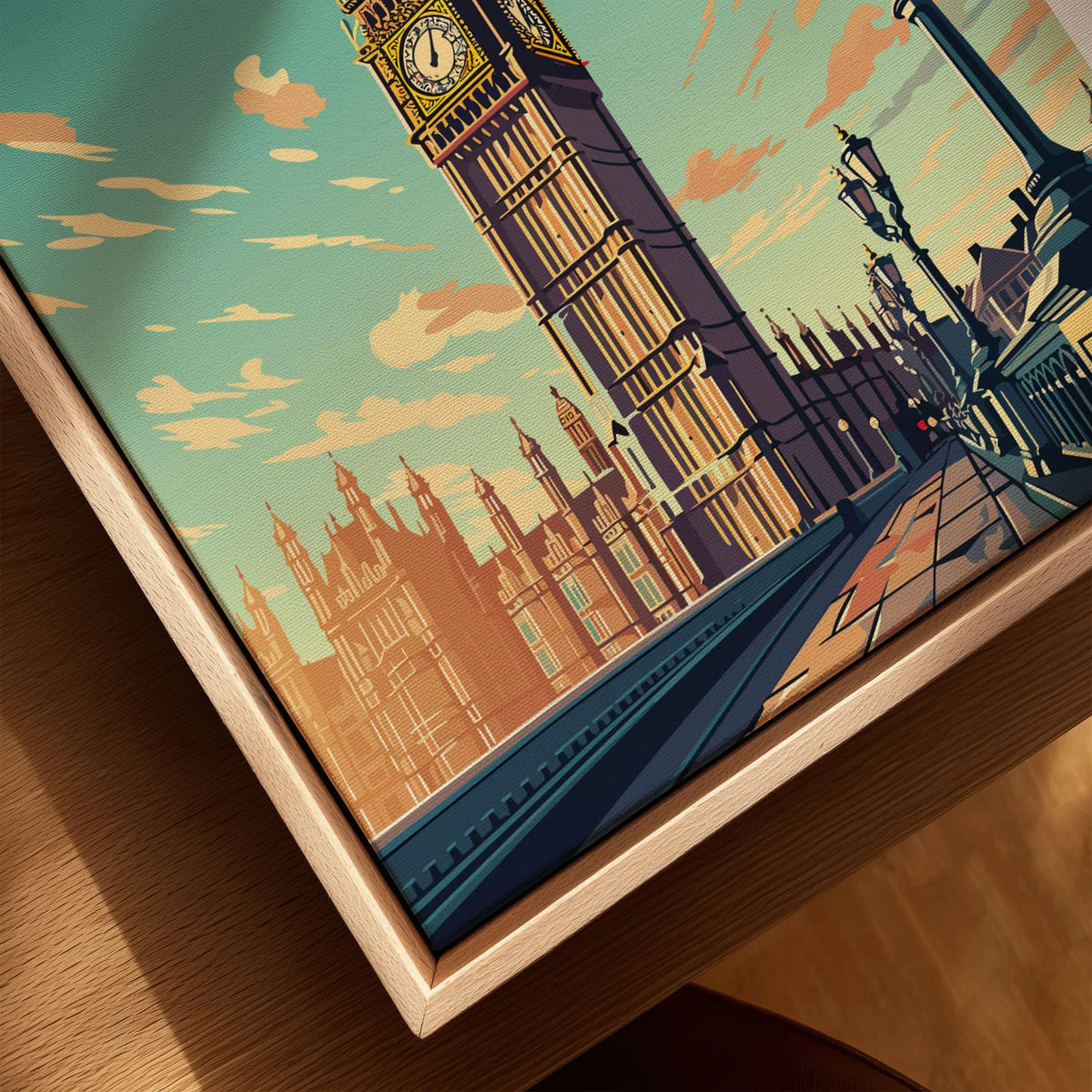 London Poster Big Ben canvas print close-up showing the natural wood float frame edge and canvas texture