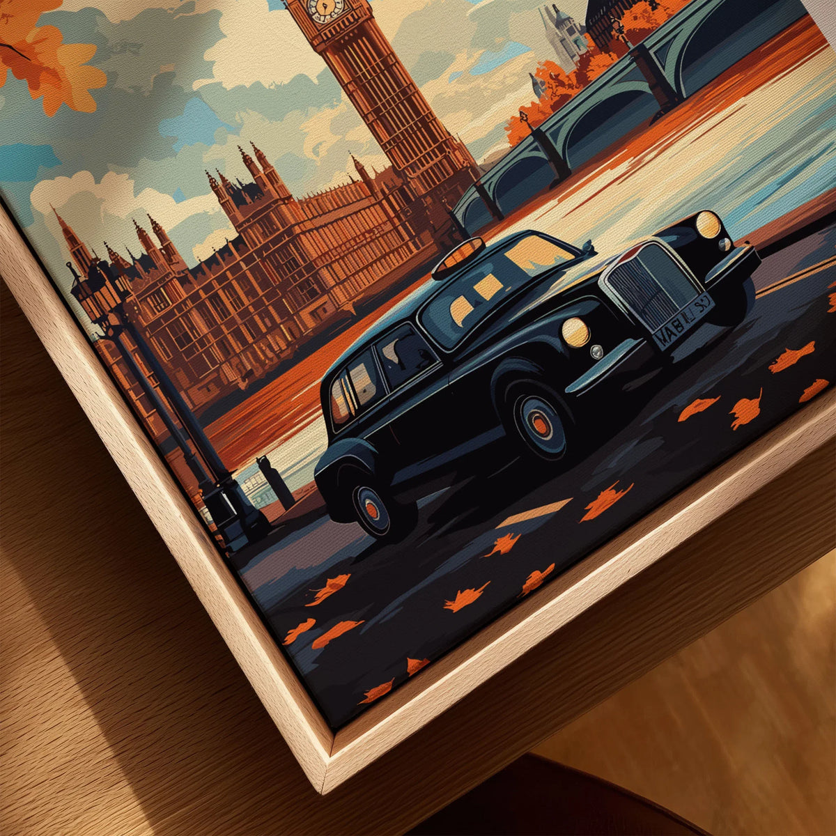 London Wall Art canvas print close-up showing the natural wood float frame edge and canvas texture