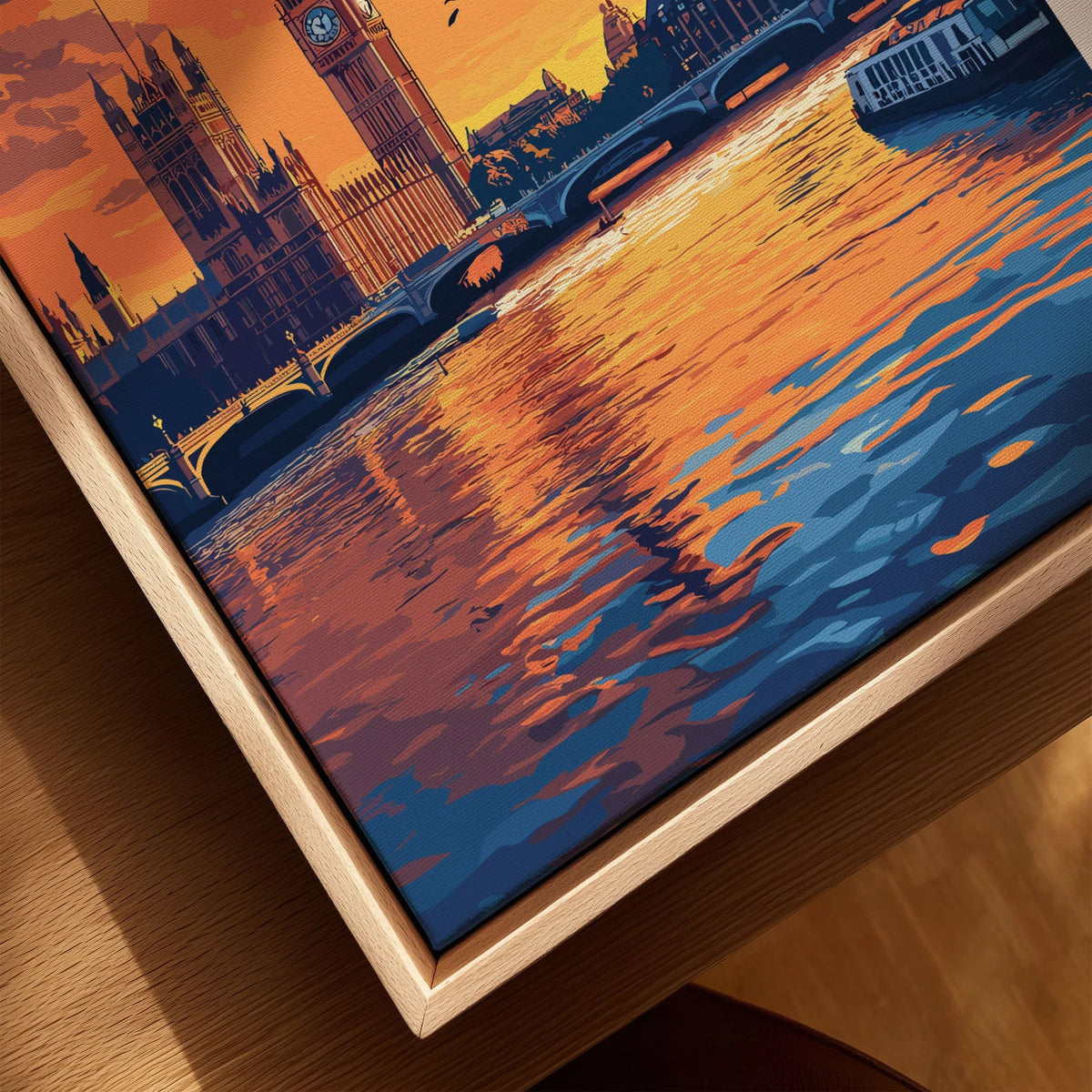 London Skyline Art | Big Ben & Houses of Parliament Print canvas print close-up showing the natural wood float frame edge and canvas texture