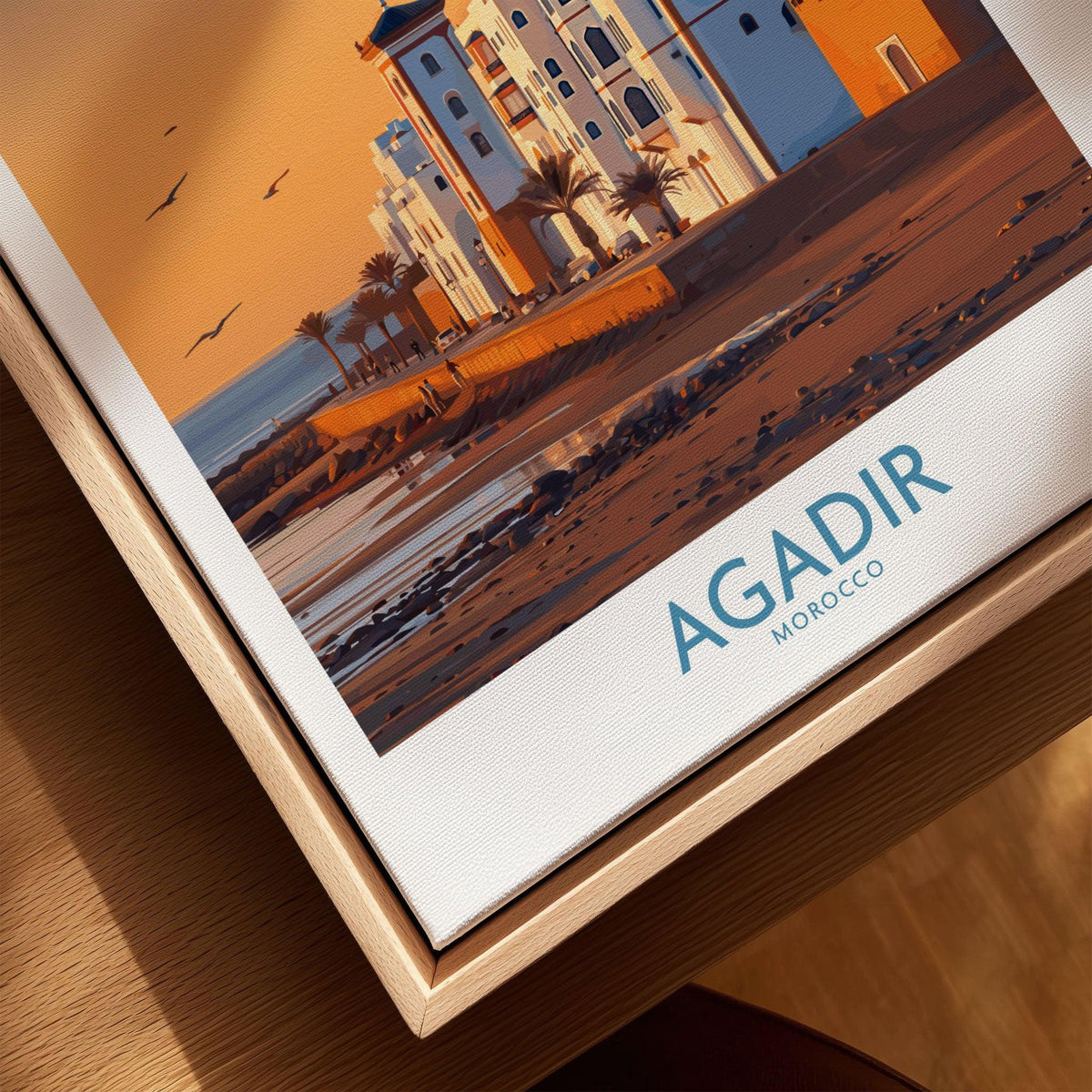 Agadir Morocco Wall Art canvas print close-up showing the natural wood float frame edge and canvas texture