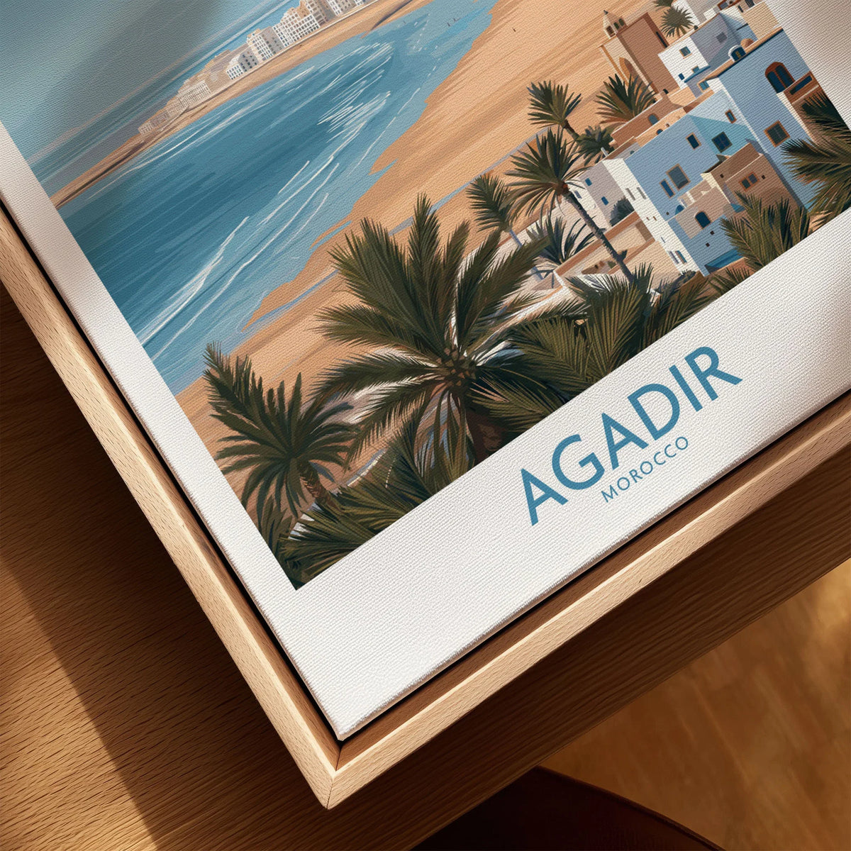 Agadir Morocco Print – Panoramic Beach and Palm Tree Wall Decor canvas print close-up showing the natural wood float frame edge and canvas texture