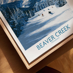 Beaver Creek Colorado Winter Wonderland Wall Art - Group Skiing Landscape canvas print close-up showing the natural wood float frame edge and canvas texture