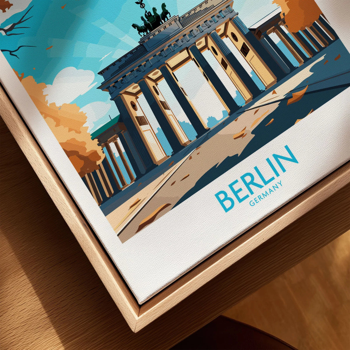 Berlin Wall Art Modern canvas print close-up showing the natural wood float frame edge and canvas texture