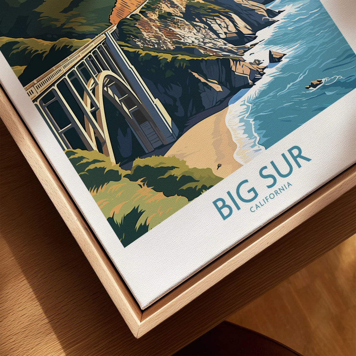 Big Sur Wall Art | Modern Style canvas print close-up showing the natural wood float frame edge and canvas texture