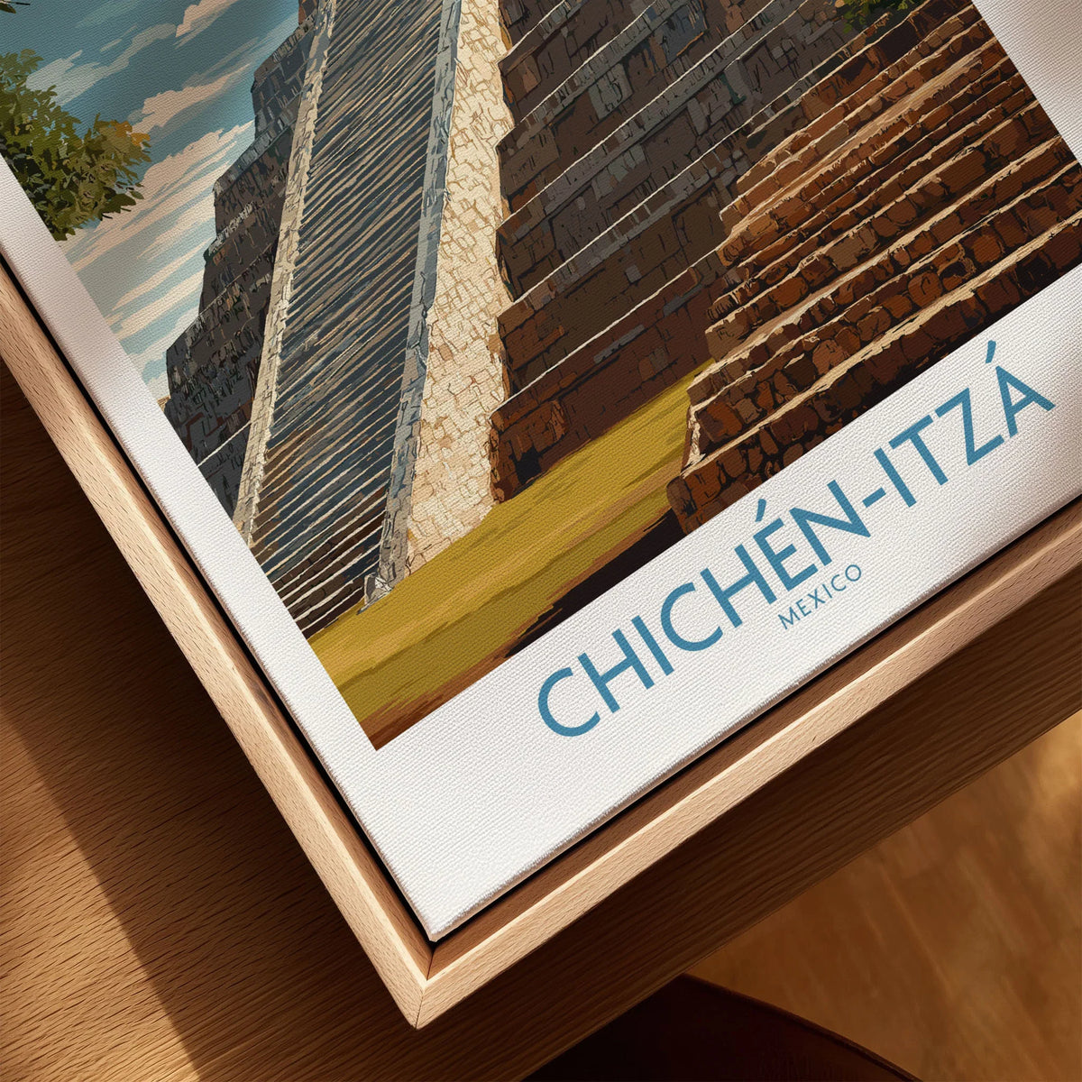 Mexico Chichén Itzá El Castillo Poster Mayan Temple Travel Print Ancient Ruins Wall Art canvas print close-up showing the natural wood float frame edge and canvas texture