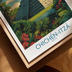 Mexico Chichén Itzá Mayan Pyramid Poster Jungle Ruins Travel Print El Castillo Art canvas print close-up showing the natural wood float frame edge and canvas texture