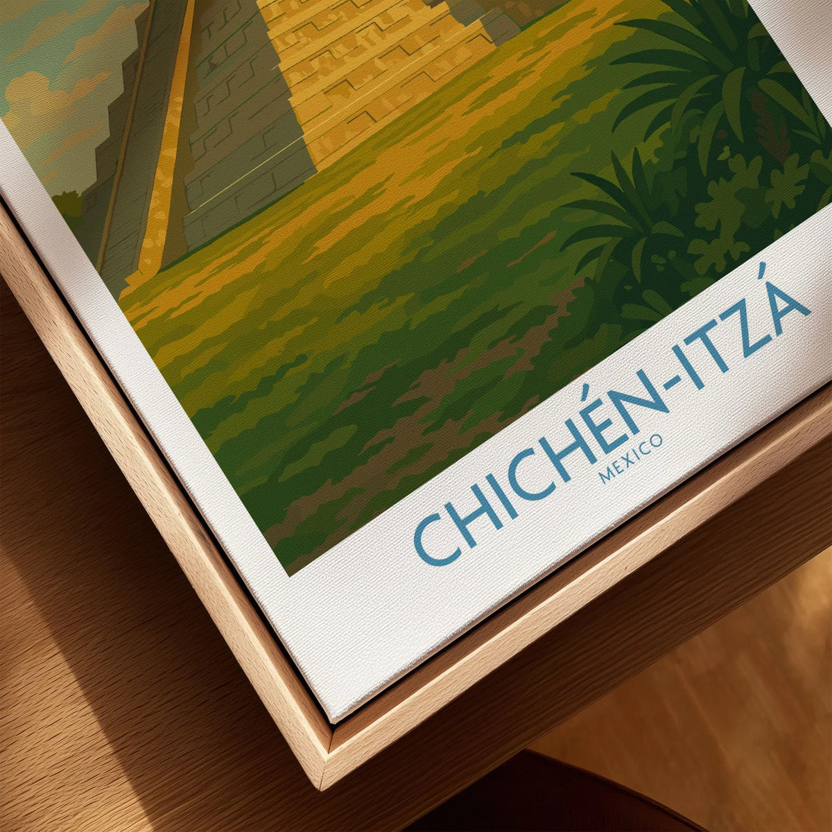 Mexico Mayan Pyramid Chichén Itzá Travel Poster El Castillo Landscape Print Wall Art canvas print close-up showing the natural wood float frame edge and canvas texture