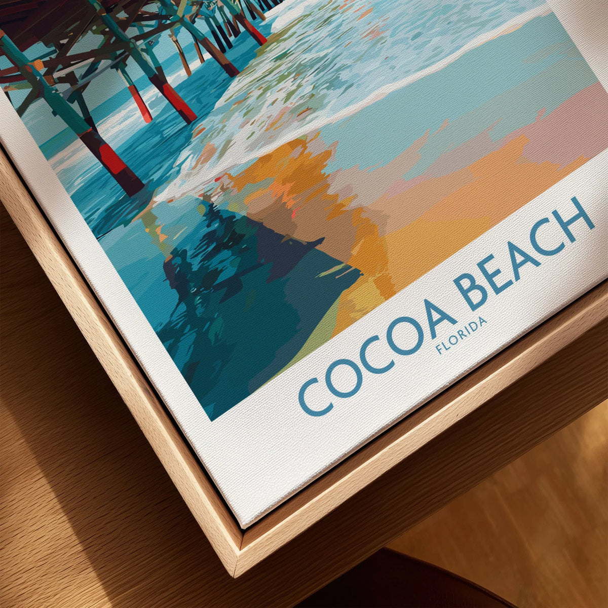 Cocoa Beach Pier Poster - Florida Beach Travel Decor canvas print close-up showing the natural wood float frame edge and canvas texture