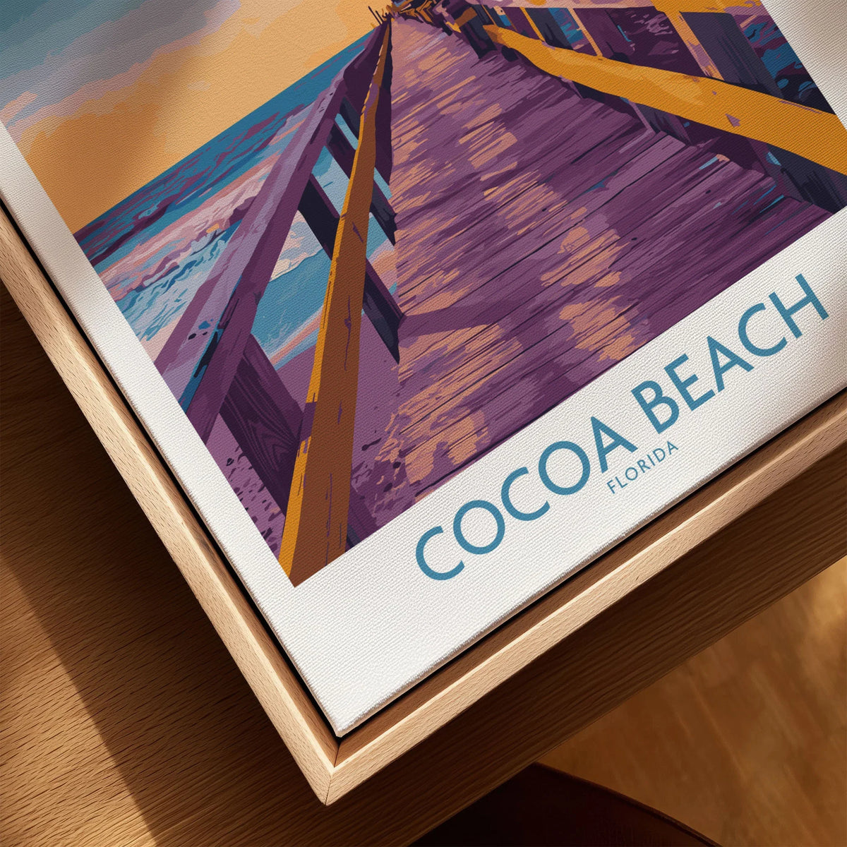 Cocoa Beach Florida Wooden Pier Poster - Golden Hour Sunset Decor canvas print close-up showing the natural wood float frame edge and canvas texture