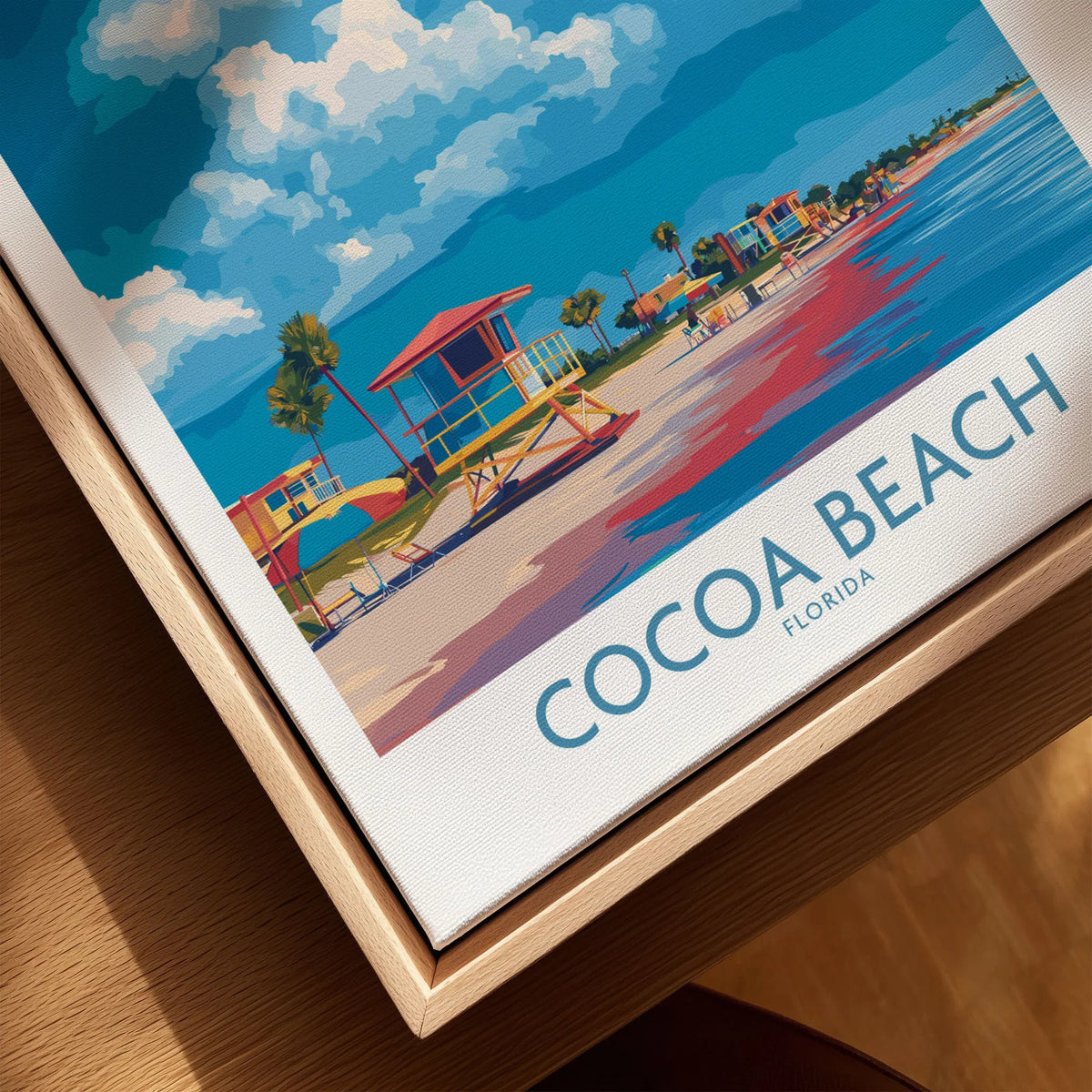 Cocoa Beach Rainbow Cloud Poster - Florida Travel Decor canvas print close-up showing the natural wood float frame edge and canvas texture