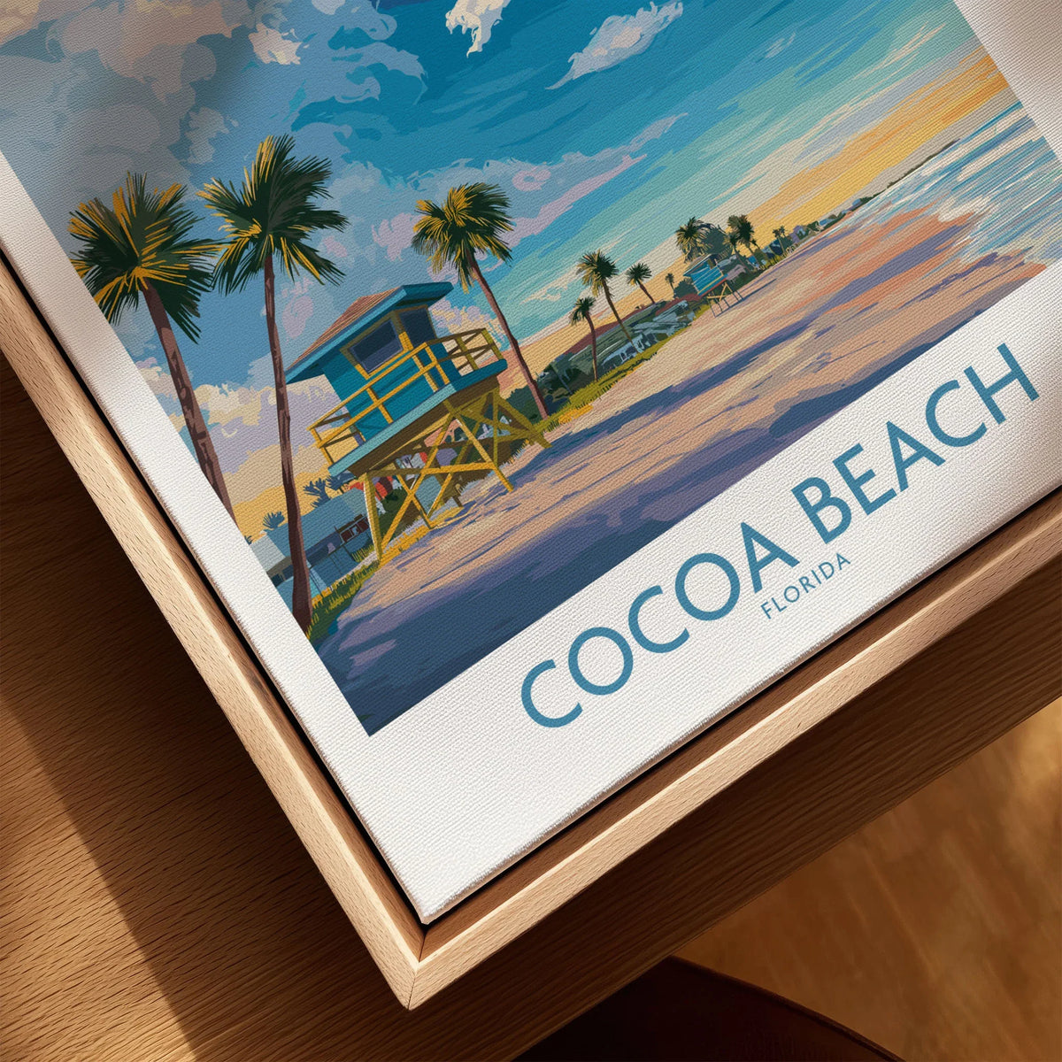 Cocoa Beach Florida Oceanfront Landscape Print - Florida Coast Decor canvas print close-up showing the natural wood float frame edge and canvas texture