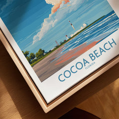 Cocoa Beach Kennedy Space Center Poster - Florida Wall Art Decor canvas print close-up showing the natural wood float frame edge and canvas texture