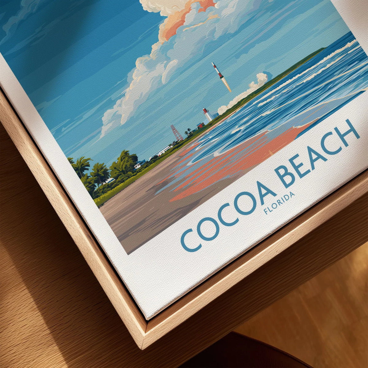 Cocoa Beach Kennedy Space Center Poster - Florida Wall Art Decor canvas print close-up showing the natural wood float frame edge and canvas texture