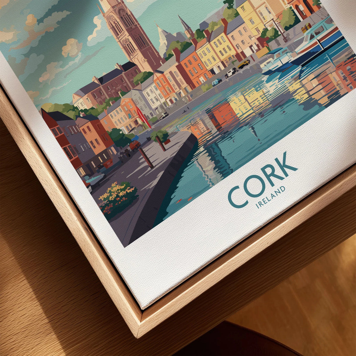 Cork Ireland Poster canvas print close-up showing the natural wood float frame edge and canvas texture