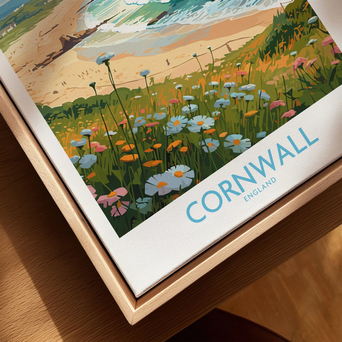 Cornwall Wall Art | Modern Style canvas print close-up showing the natural wood float frame edge and canvas texture