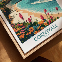 Cornwall Travel Poster - United Kingdom canvas print close-up showing the natural wood float frame edge and canvas texture
