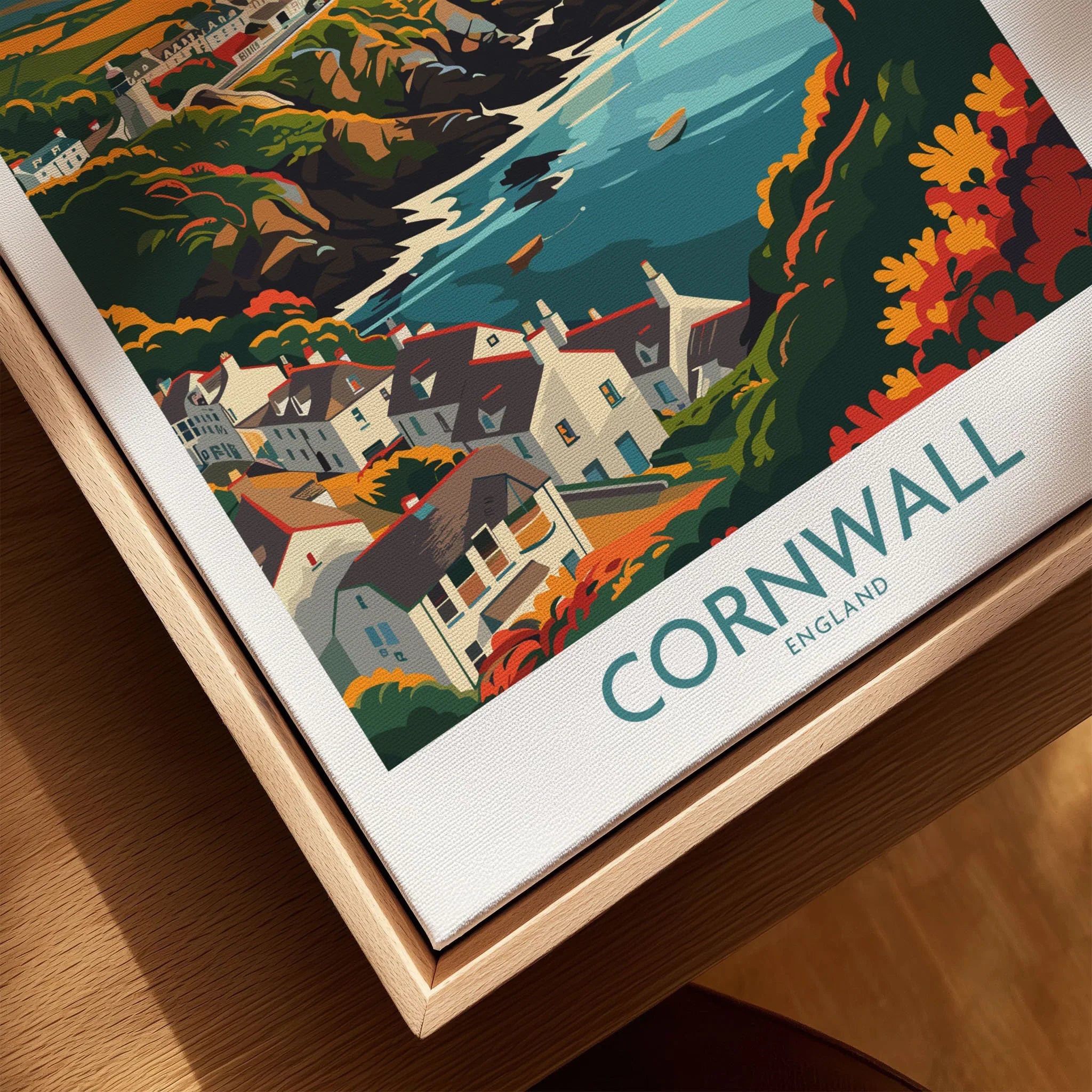 Cornwall Art Print - Modern canvas print close-up showing the natural wood float frame edge and canvas texture