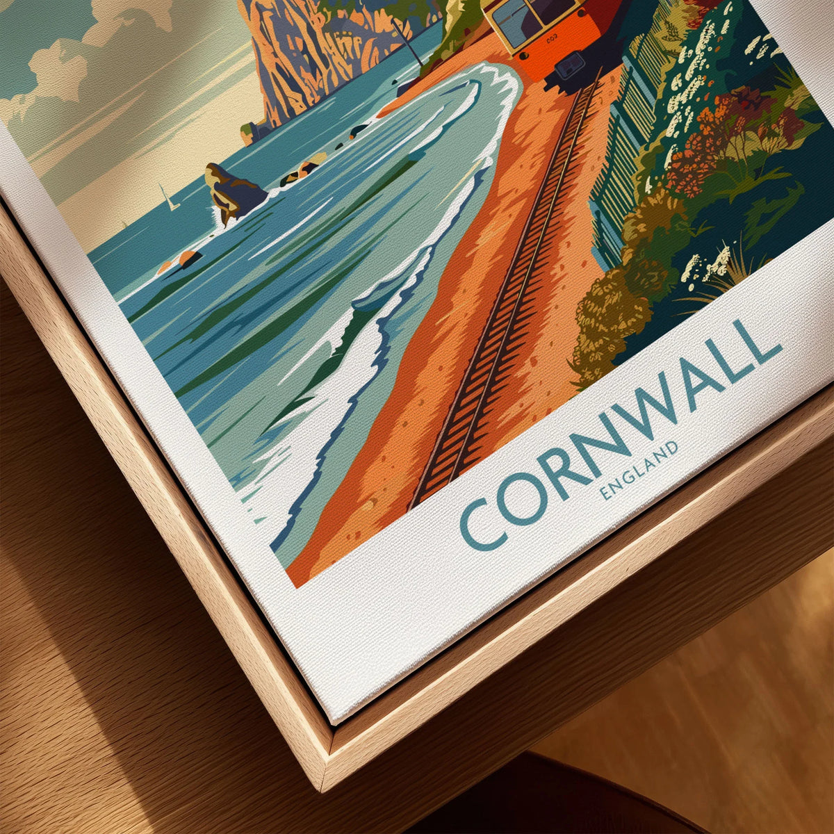 Cornwall Coast Wall Art Print canvas print close-up showing the natural wood float frame edge and canvas texture
