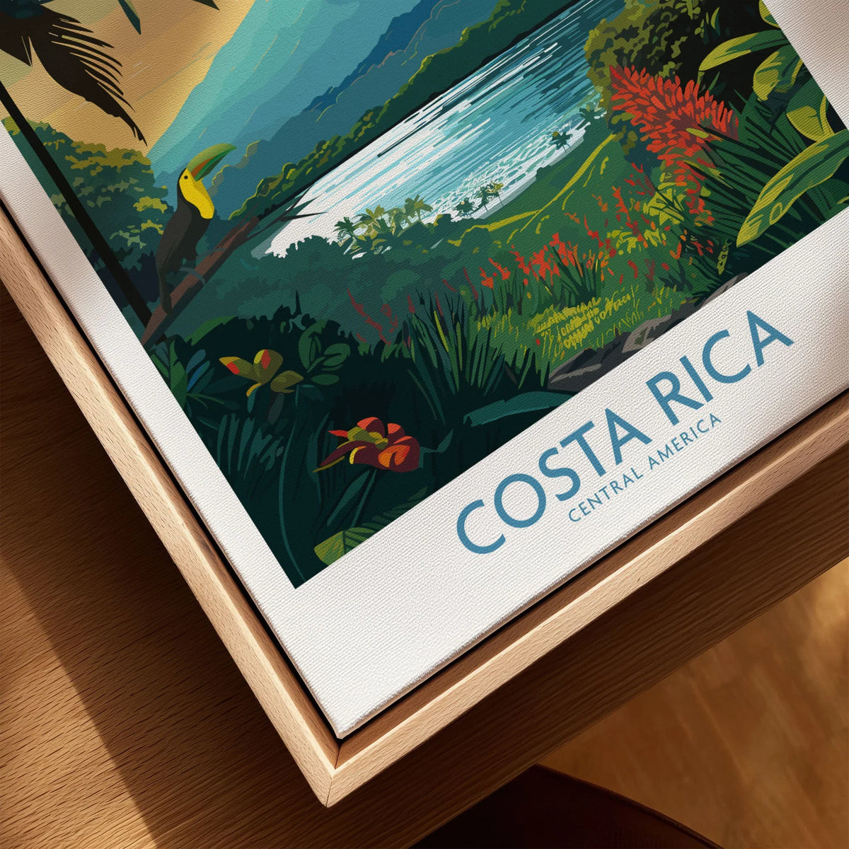 Costa Rica Wall Art | Modern Style canvas print close-up showing the natural wood float frame edge and canvas texture