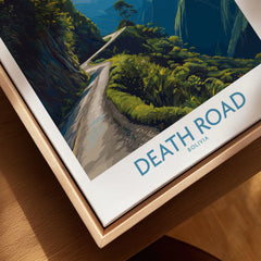 Death Road Bolivia Mountain Art Print | Yungas Camino Poster canvas print close-up showing the natural wood float frame edge and canvas texture