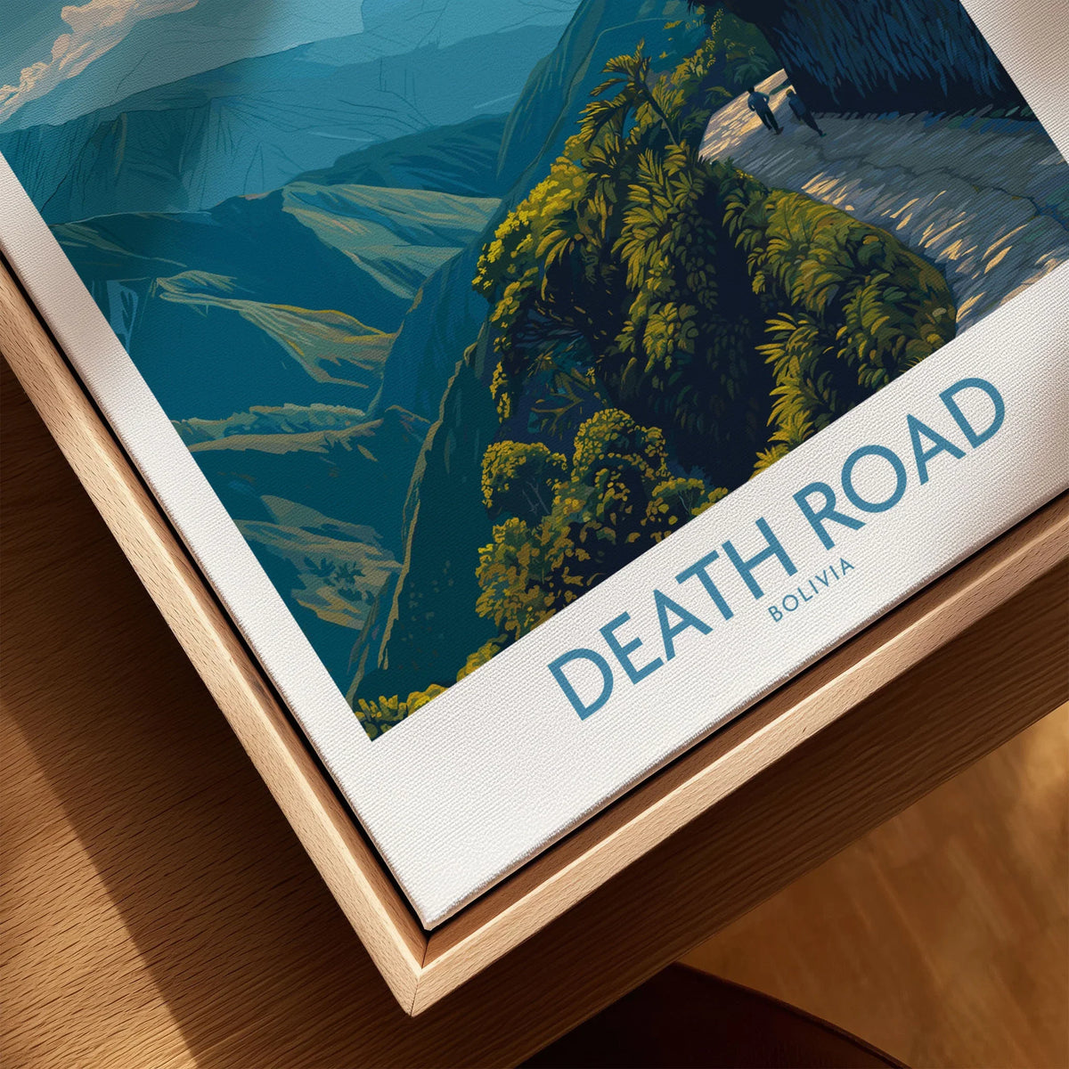 Death Road Bolivia Hiking Trail Art Print | Camino de la Muerte Poster canvas print close-up showing the natural wood float frame edge and canvas texture