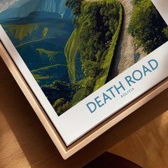 Death Road Bolivia Art Print | Yungas Road Poster canvas print close-up showing the natural wood float frame edge and canvas texture