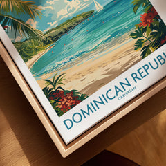 Dominican Republic Poster canvas print close-up showing the natural wood float frame edge and canvas texture