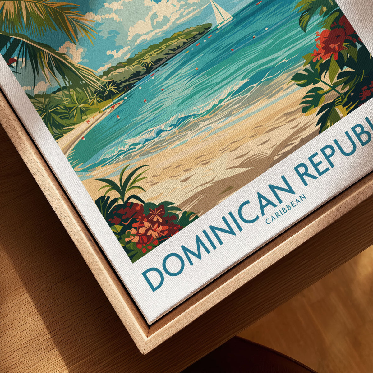 Dominican Republic Poster canvas print close-up showing the natural wood float frame edge and canvas texture